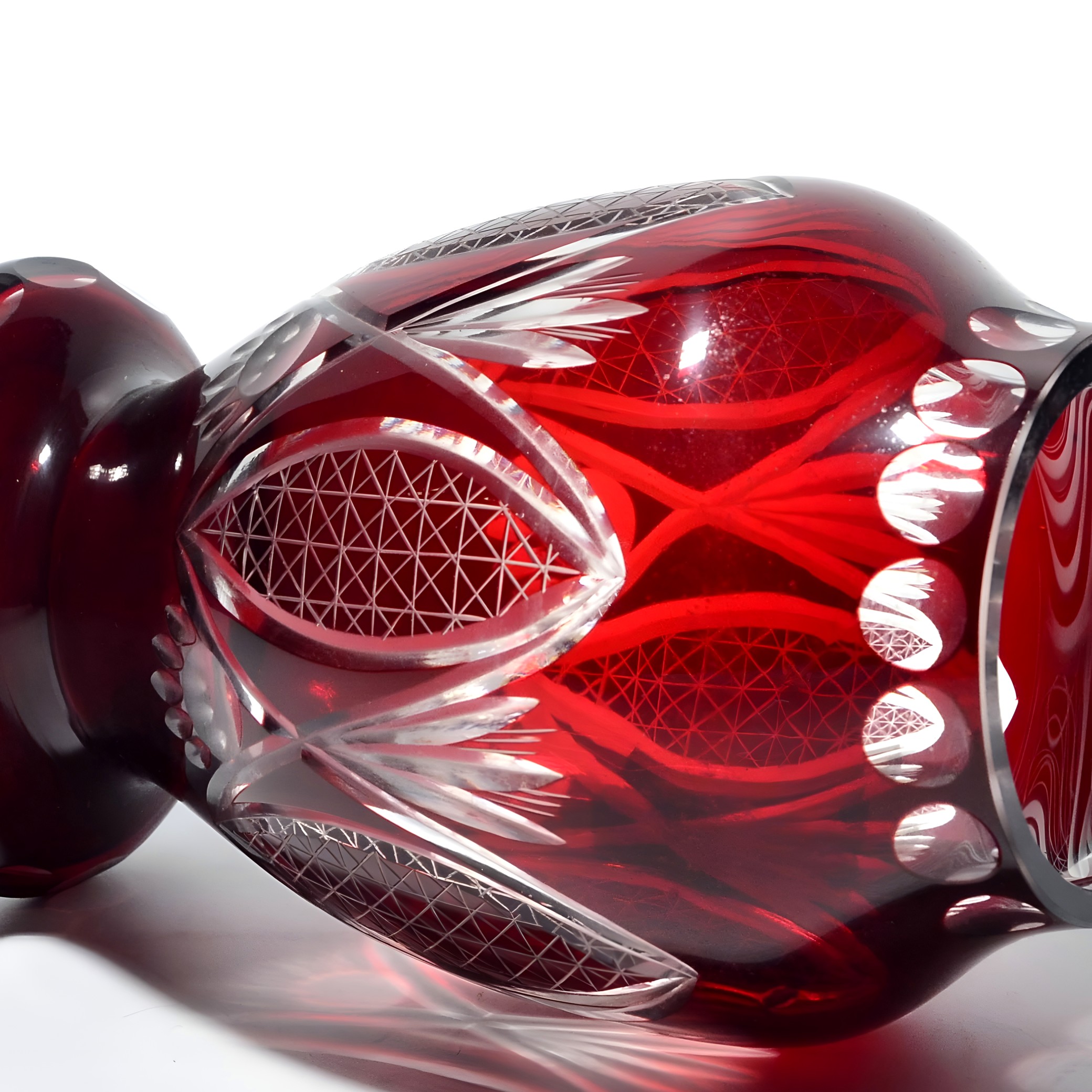 Wide Red Crystal Vase, Bold Geometric Pattern, Cut Glass Artistry